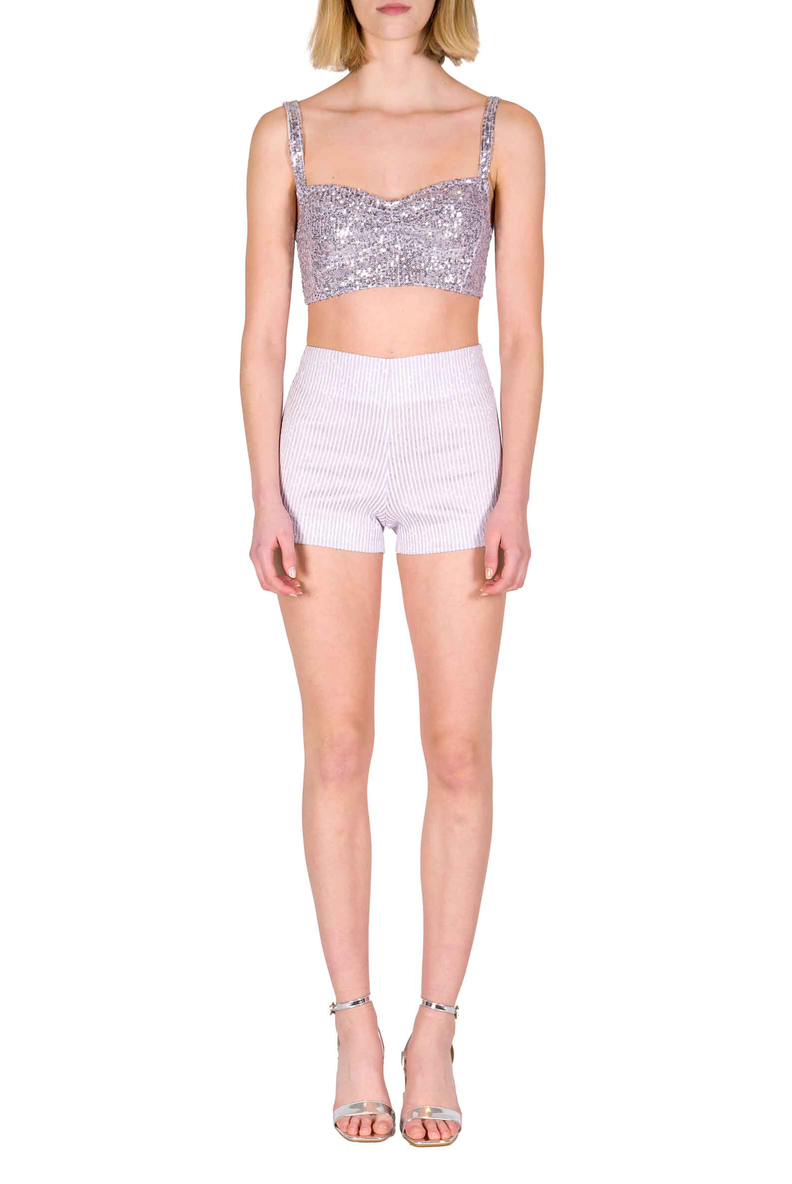 Shorts in Cotone Elasticizzato a Righe Lilla