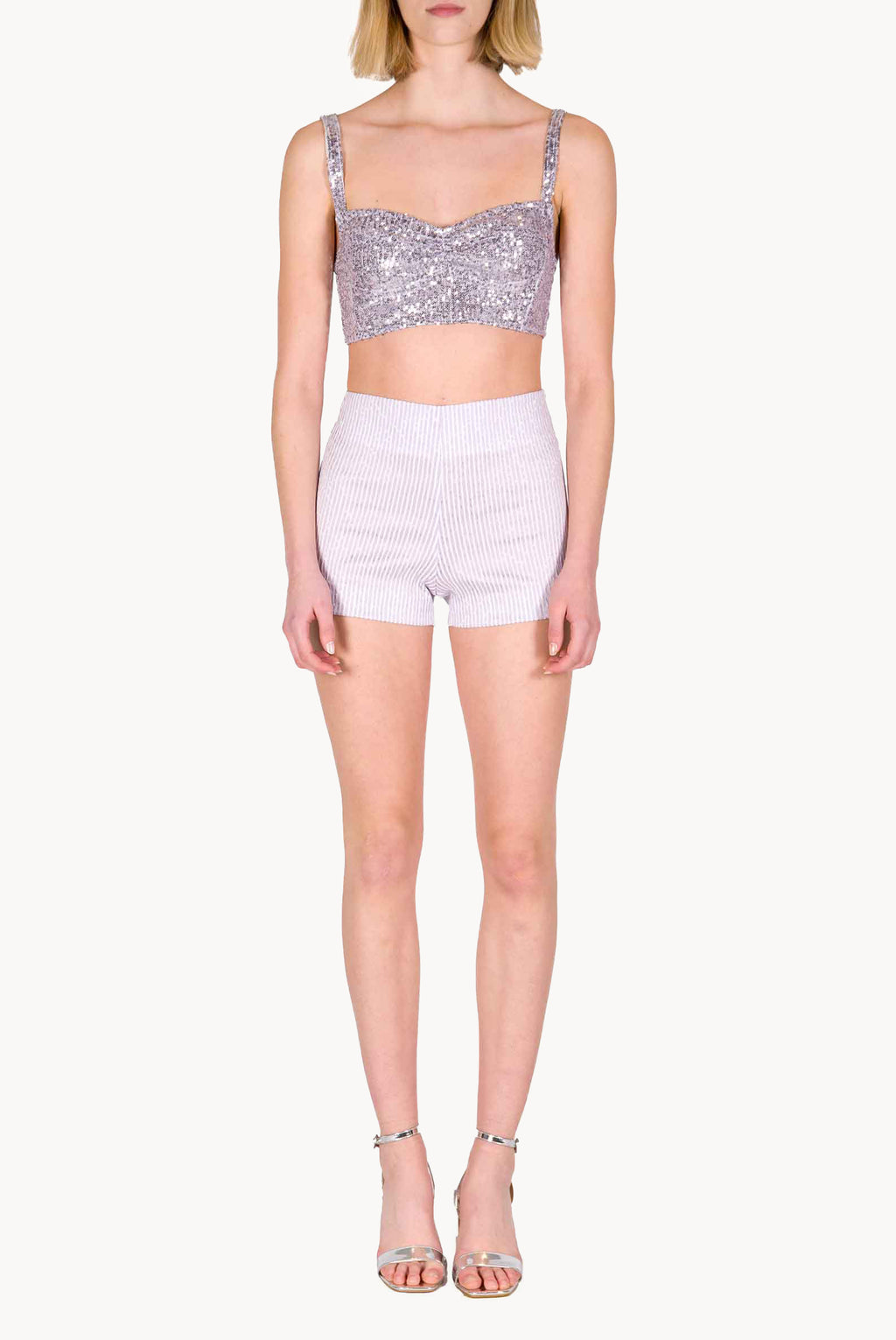 Shorts in Cotone Elasticizzato a Righe Lilla