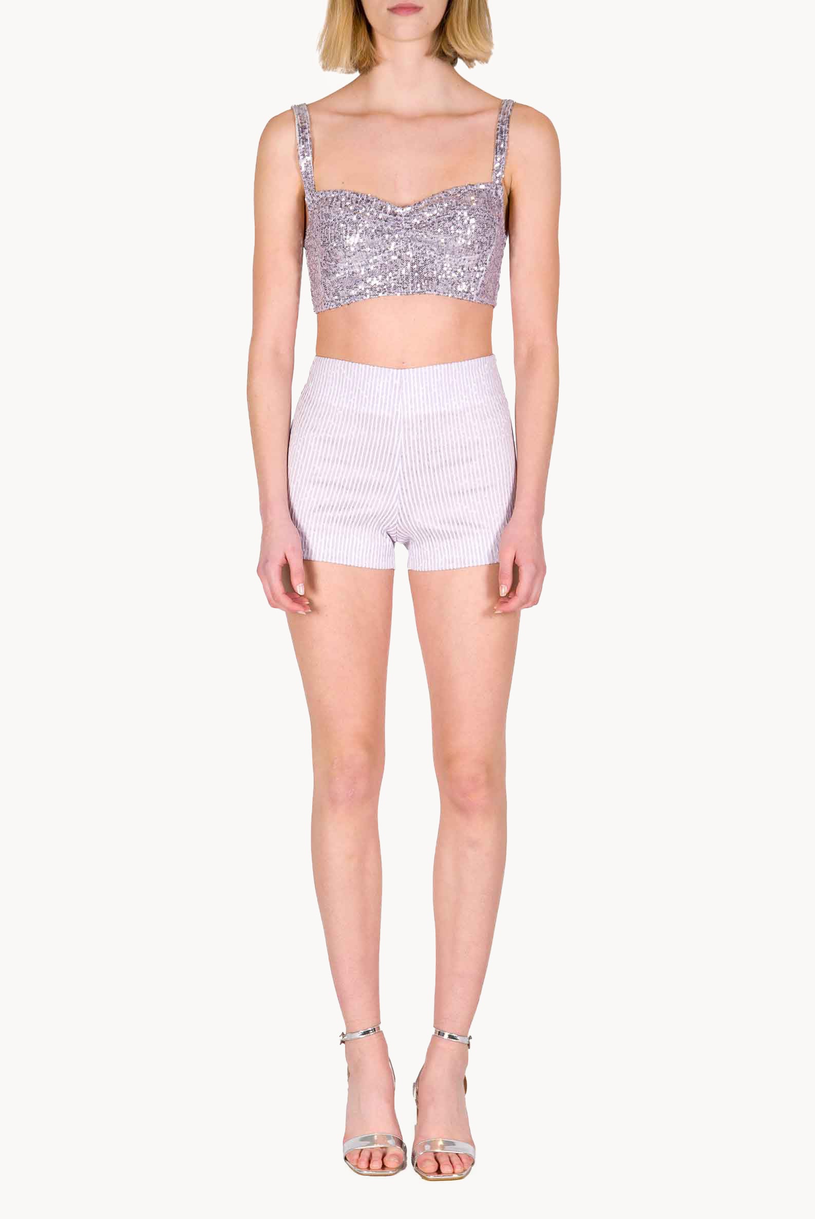 Shorts in Cotone Elasticizzato a Righe Lilla