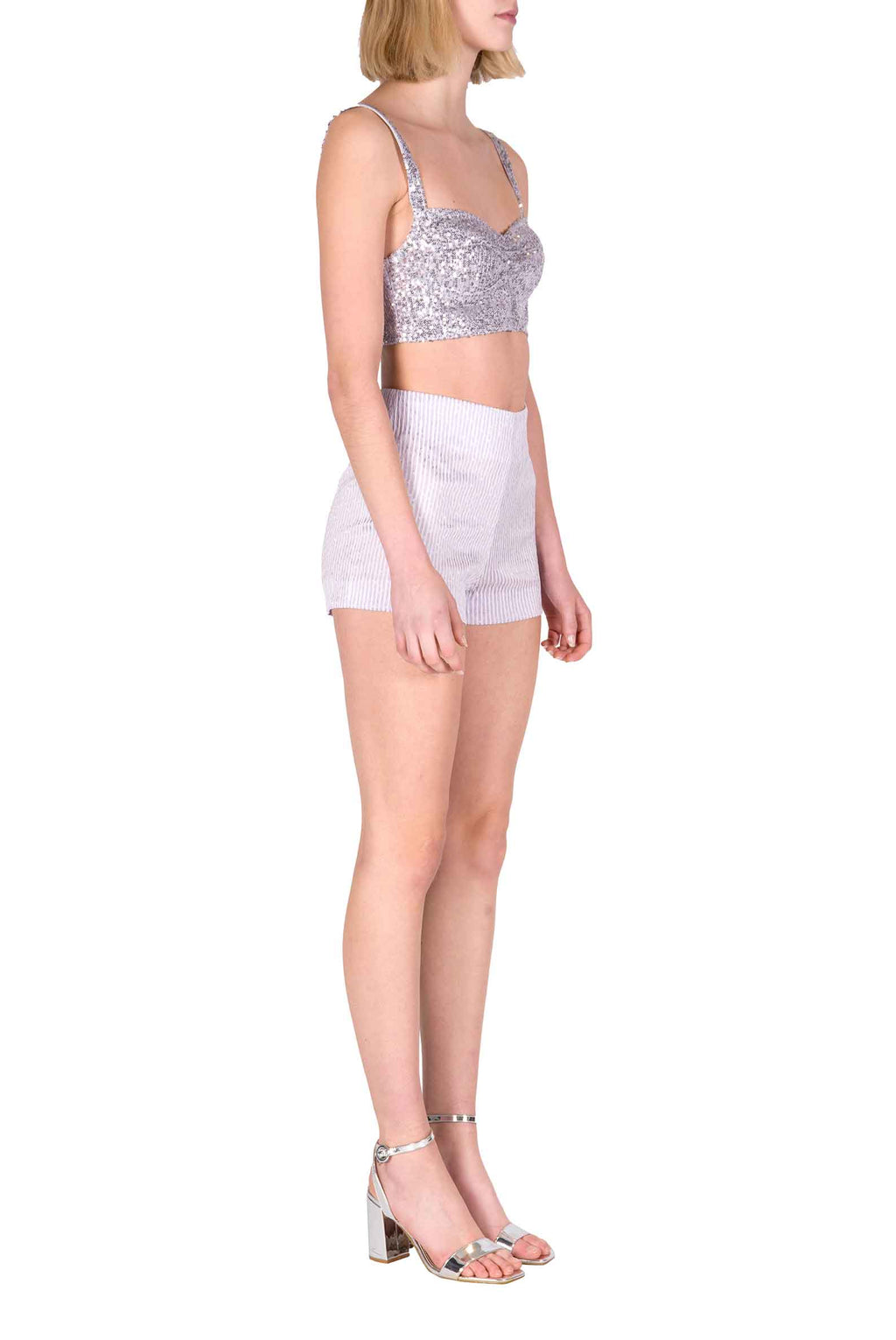 Shorts in Cotone Elasticizzato a Righe Lilla
