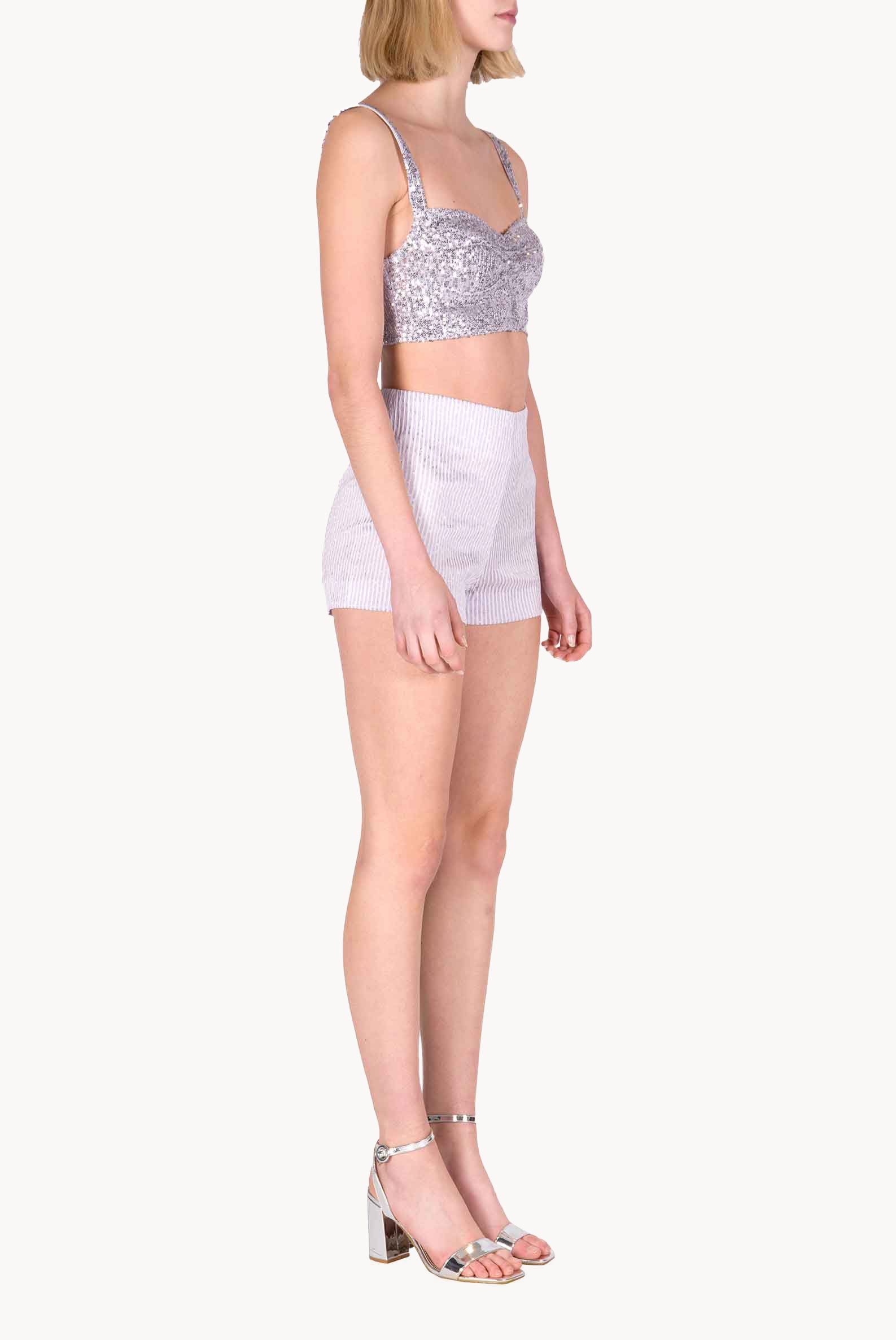 Shorts in Cotone Elasticizzato a Righe Lilla