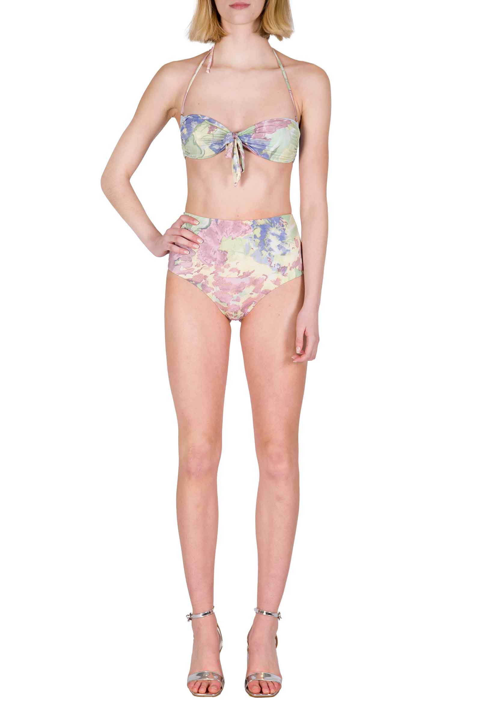 Bikini a Fascia e Vita Alta in Fiori Astratti