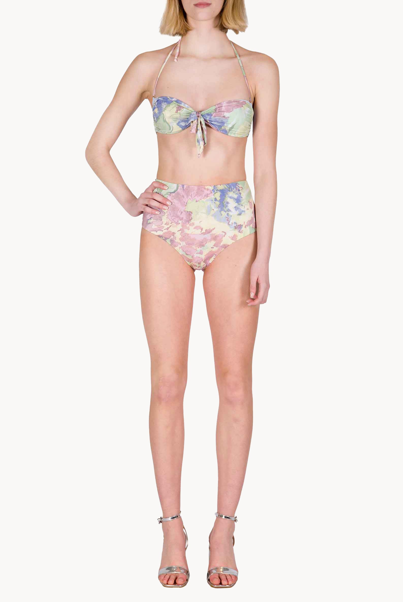 Bikini a Fascia e Vita Alta in Fiori Astratti