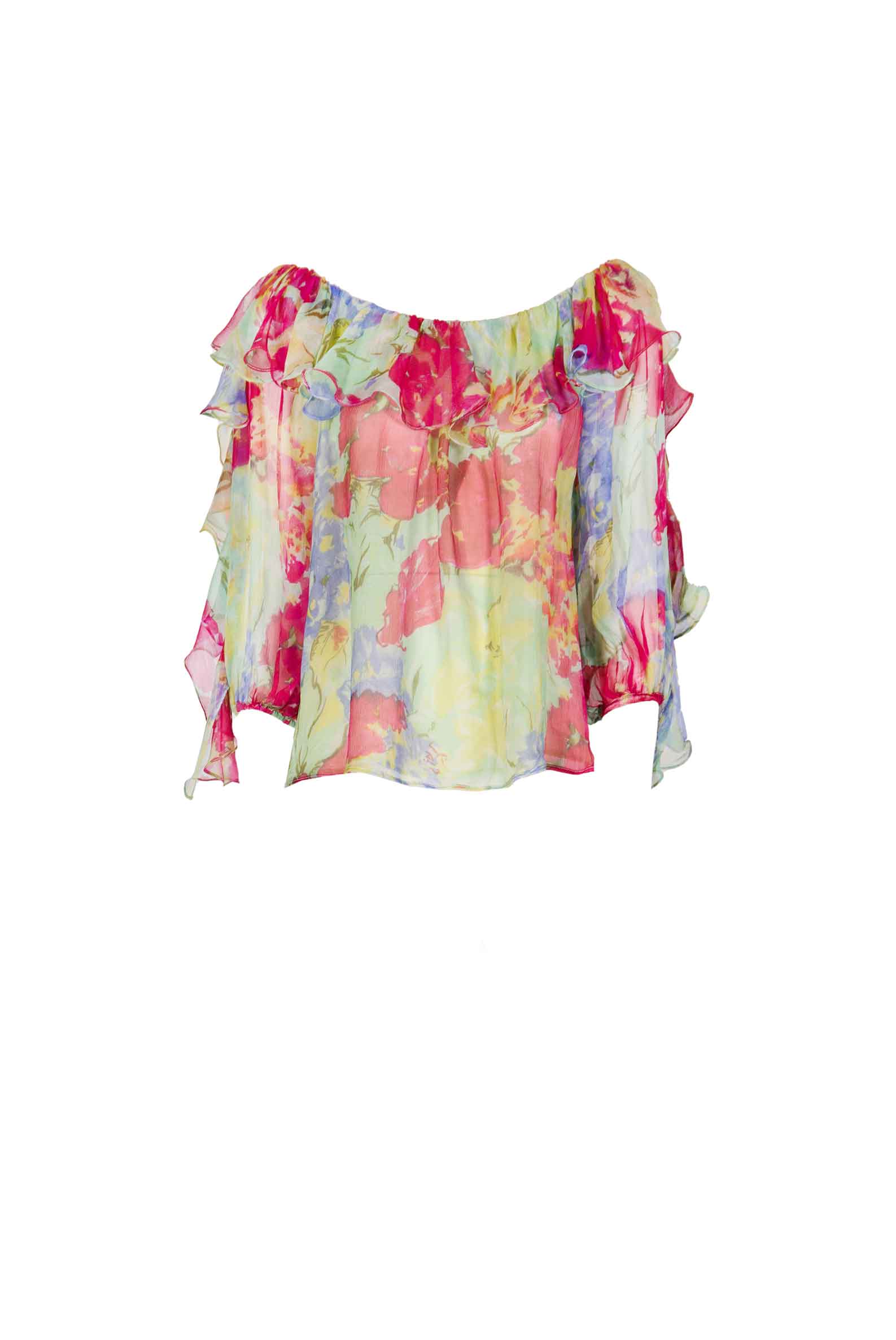 Blusa in Chiffon con Volant a Fiori Astratti