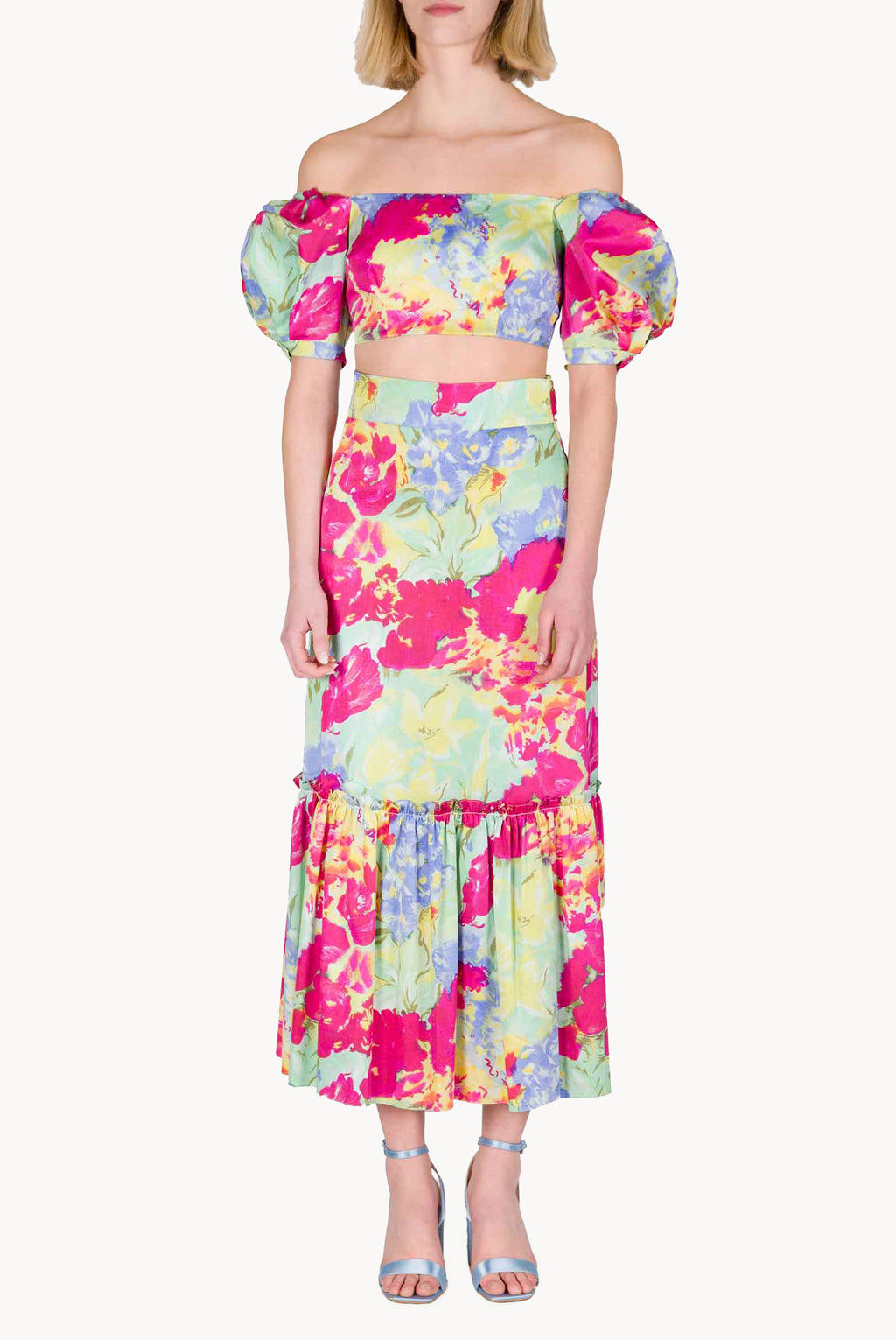 Top in Cotone Stampato a Fiori Astratti con Spalle Scoperte