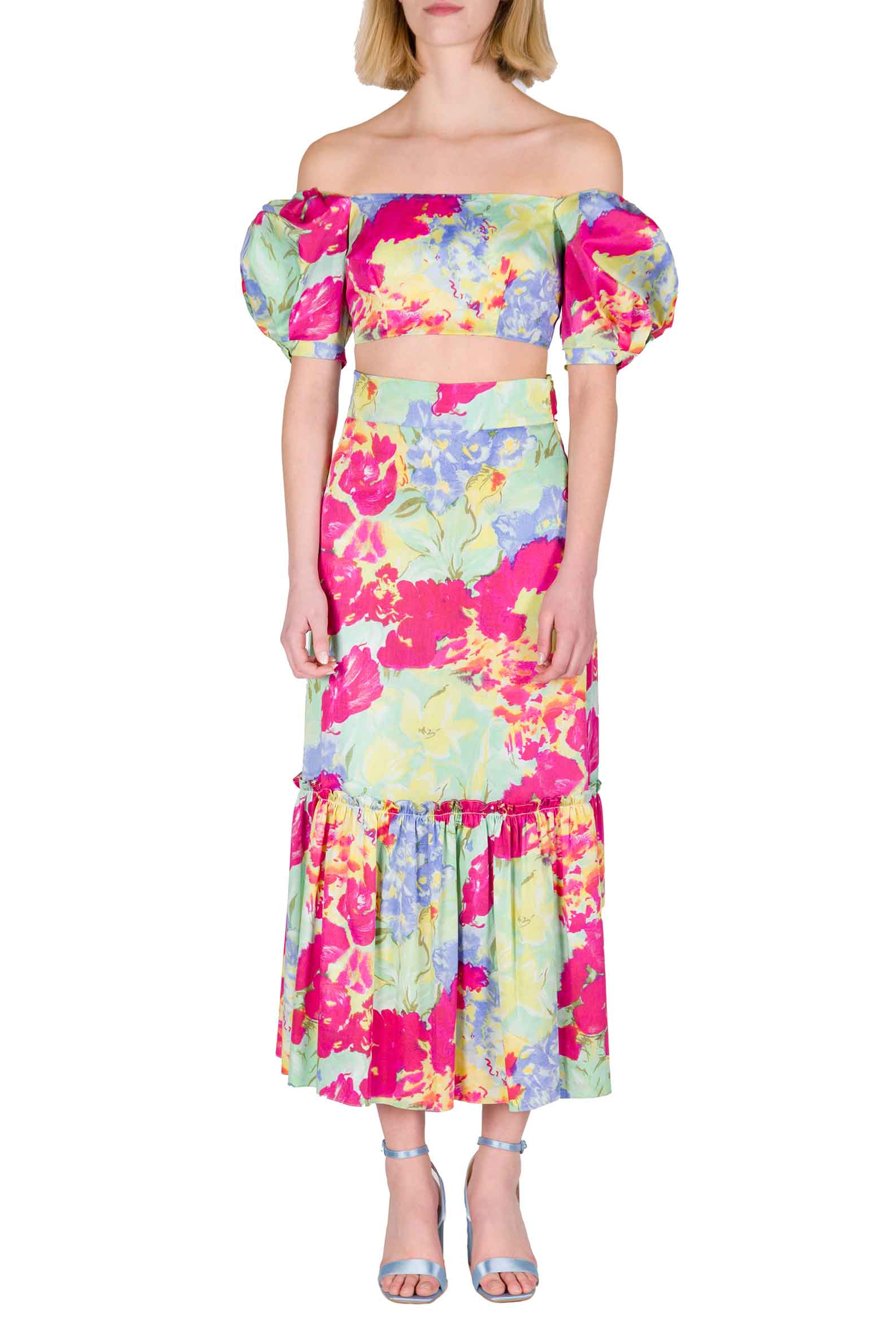 Top in Cotone Stampato a Fiori Astratti con Spalle Scoperte