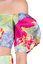 Top in Cotone Stampato a Fiori Astratti con Spalle Scoperte