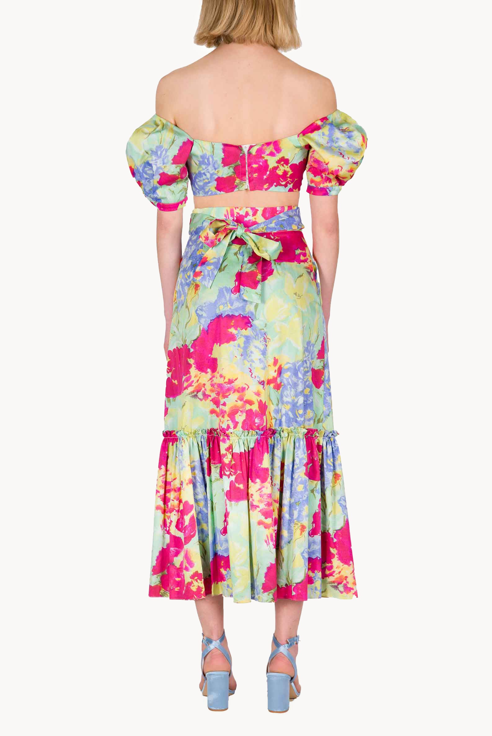 Top in Cotone Stampato a Fiori Astratti con Spalle Scoperte