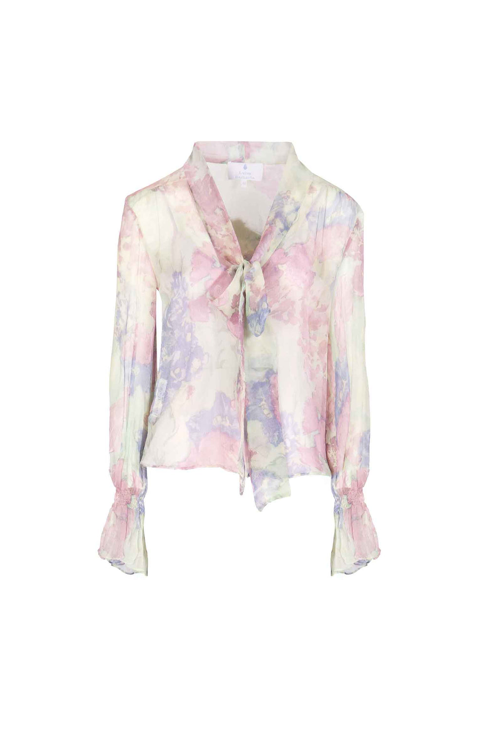 Camicia in Chiffon Stampata con Fiocco a Fiori Astratti