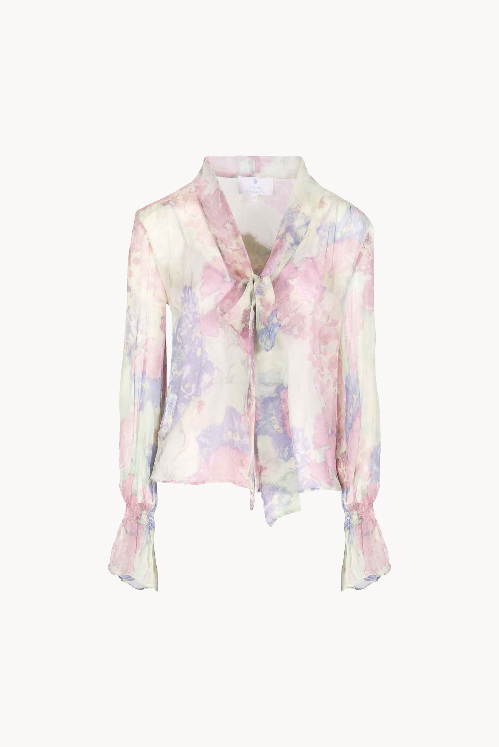Camicia in Chiffon Stampata con Fiocco a Fiori Astratti