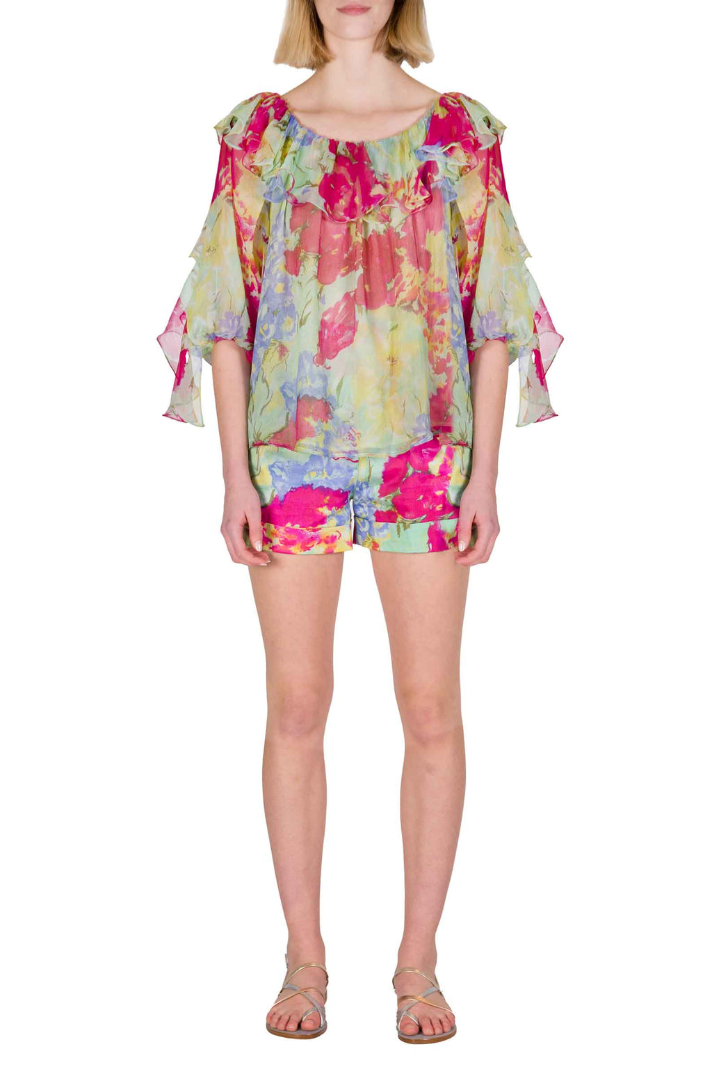 Chiffon Volant Blouse in Abstract Flowers
