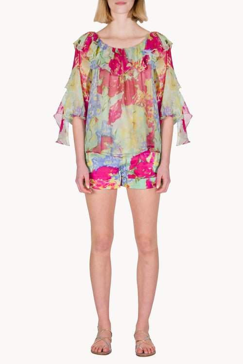 Blusa in Chiffon con Volant a Fiori Astratti