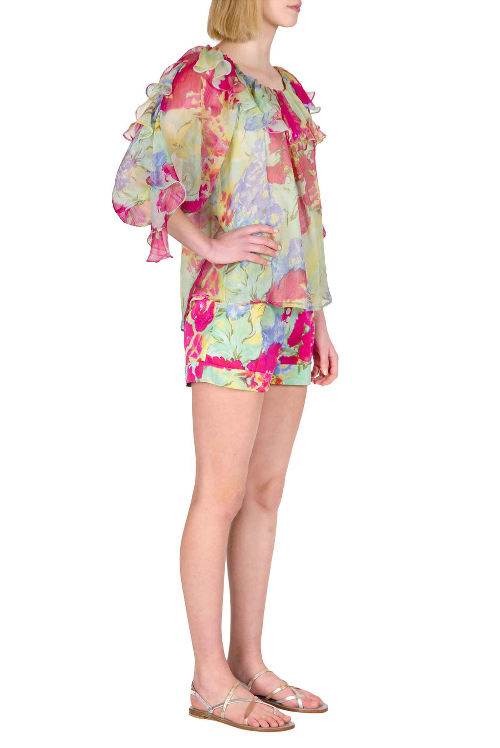 Chiffon Volant Blouse in Abstract Flowers