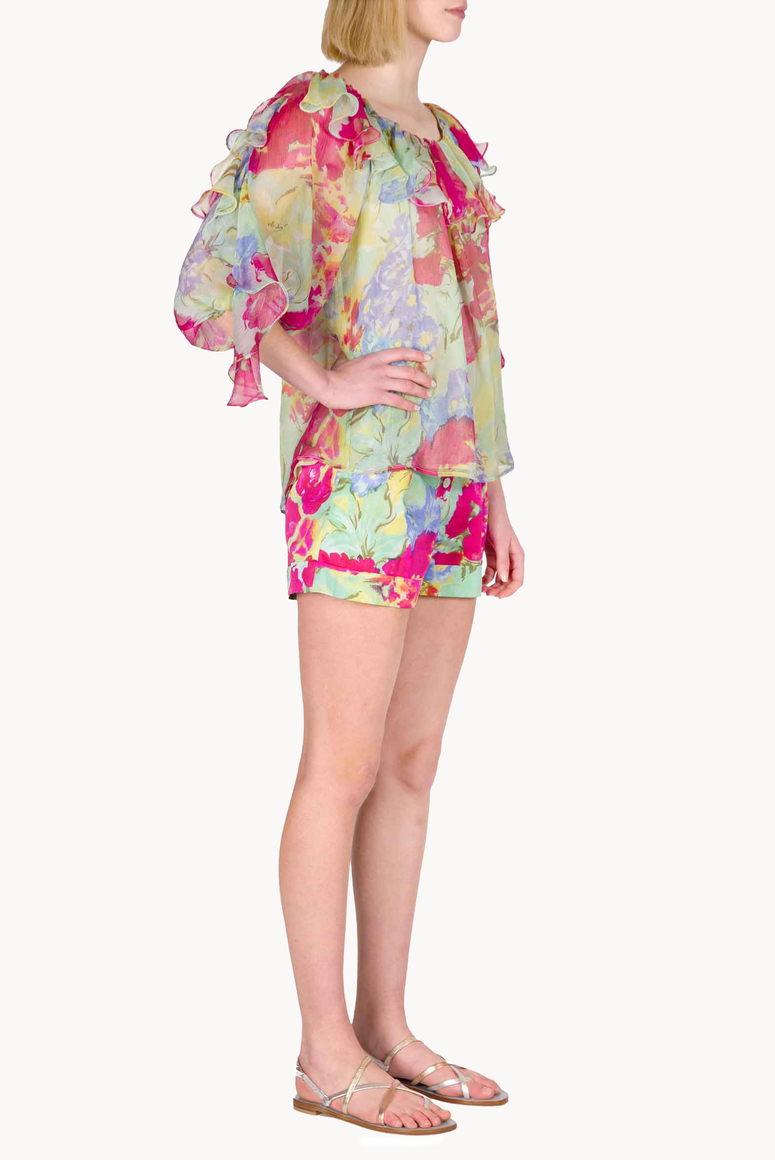 Chiffon Volant Blouse in Abstract Flowers