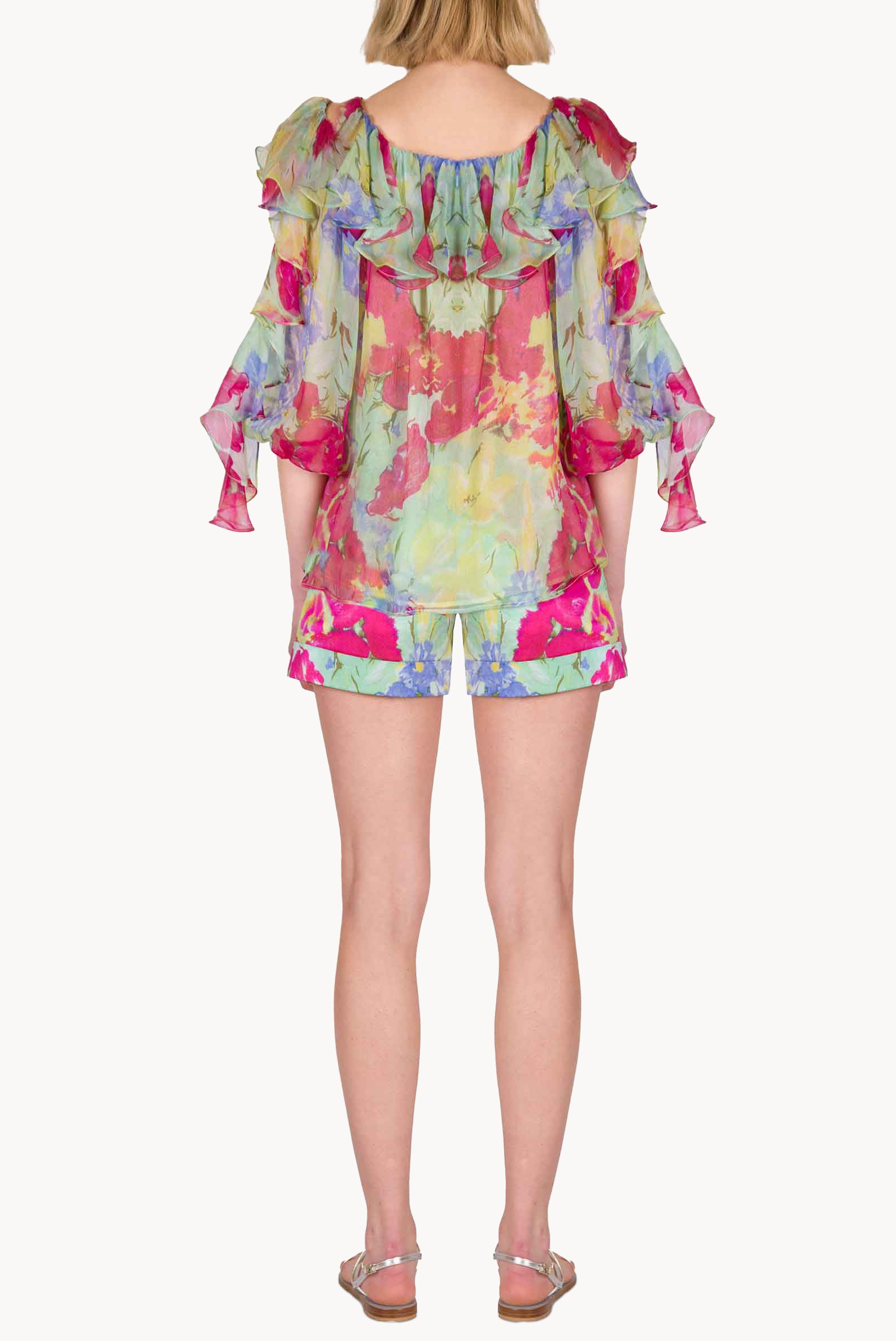 Chiffon Volant Blouse in Abstract Flowers
