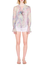 Camicia in Chiffon Stampata con Fiocco a Fiori Astratti