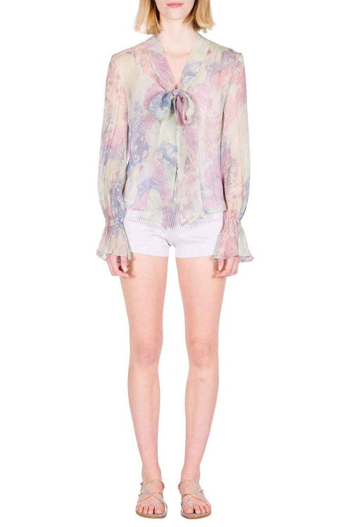 Bow-detail Printed Chiffon Shirt in Abstract Flowers