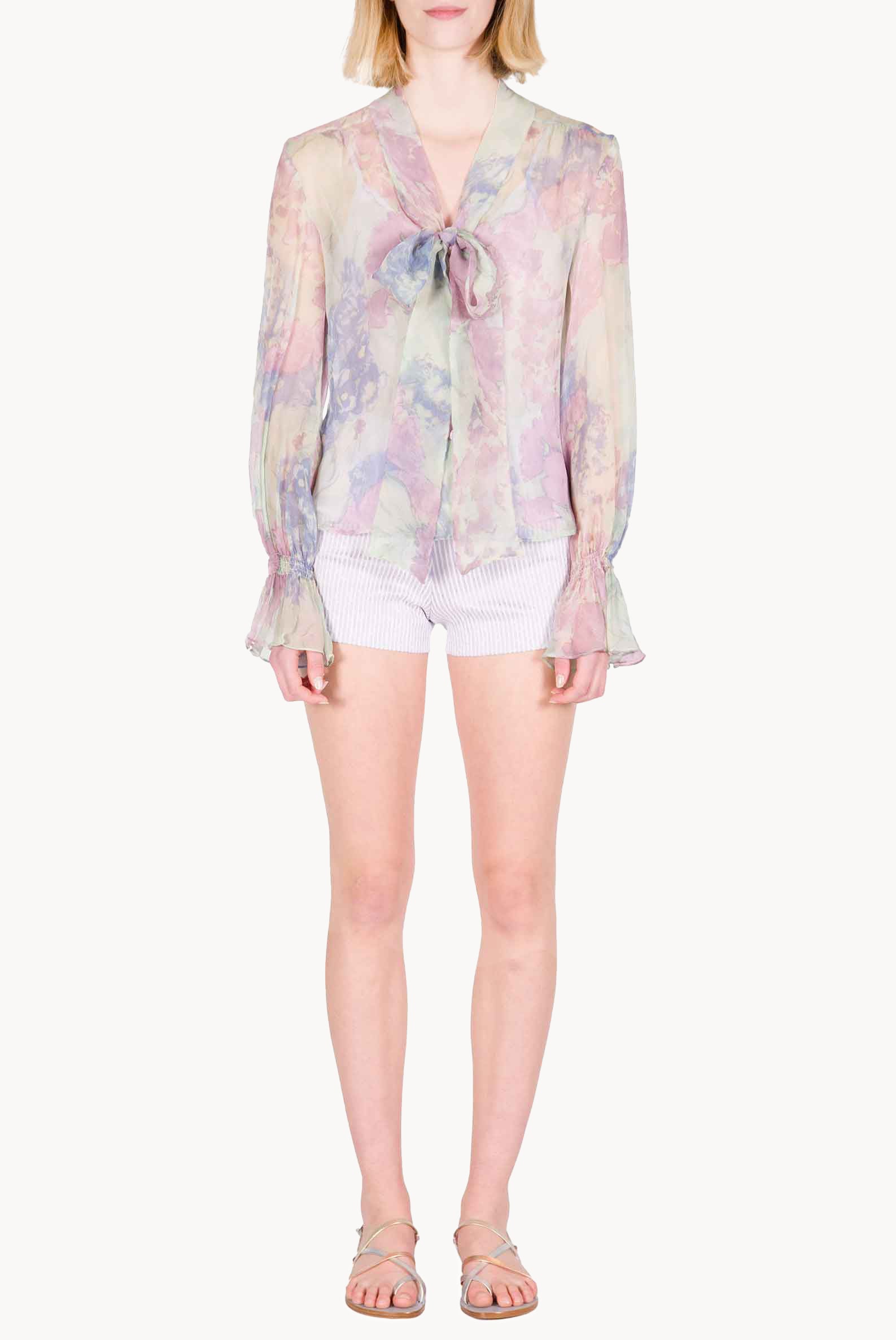 Camicia in Chiffon Stampata con Fiocco a Fiori Astratti