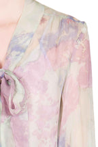 Camicia in Chiffon Stampata con Fiocco a Fiori Astratti