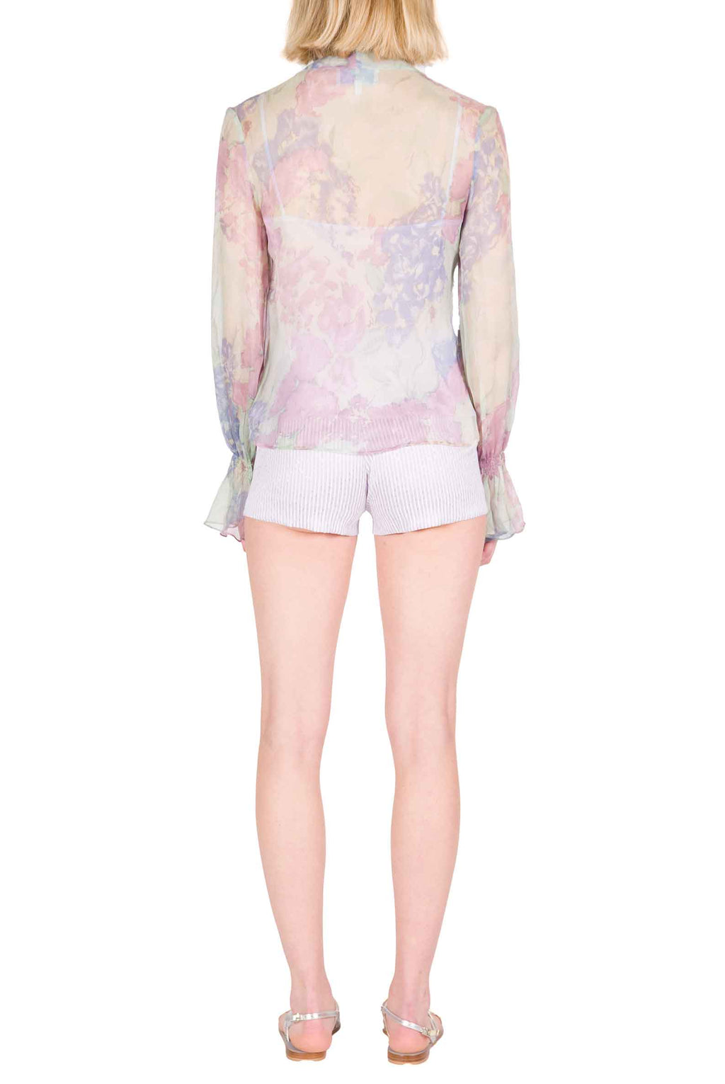 Camicia in Chiffon Stampata con Fiocco a Fiori Astratti