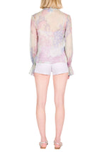 Camicia in Chiffon Stampata con Fiocco a Fiori Astratti