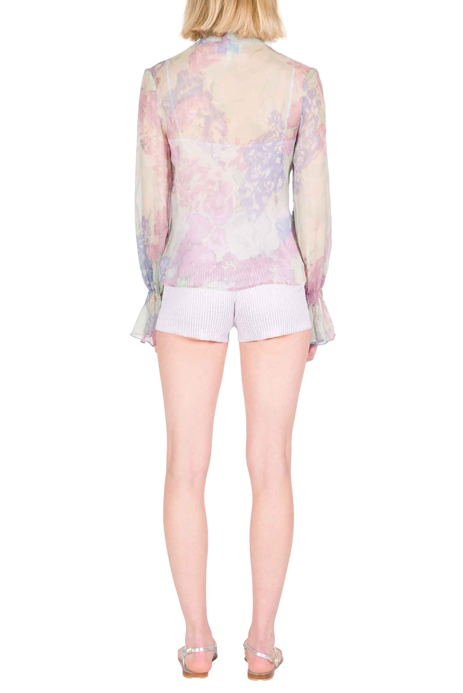 Camicia in Chiffon Stampata con Fiocco a Fiori Astratti