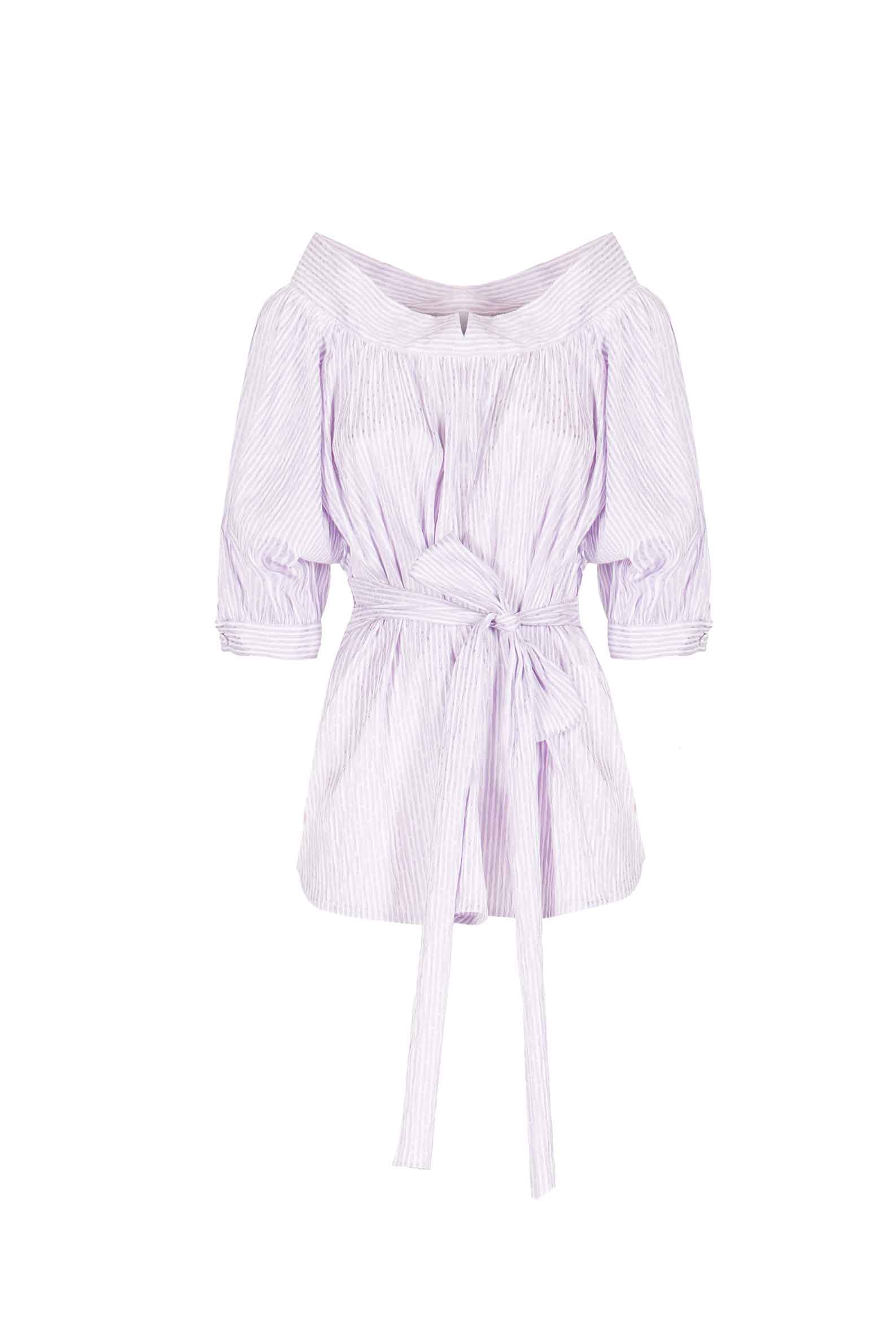 Camicia Oversize in Cotone Elasticizzato a Righe Lilla