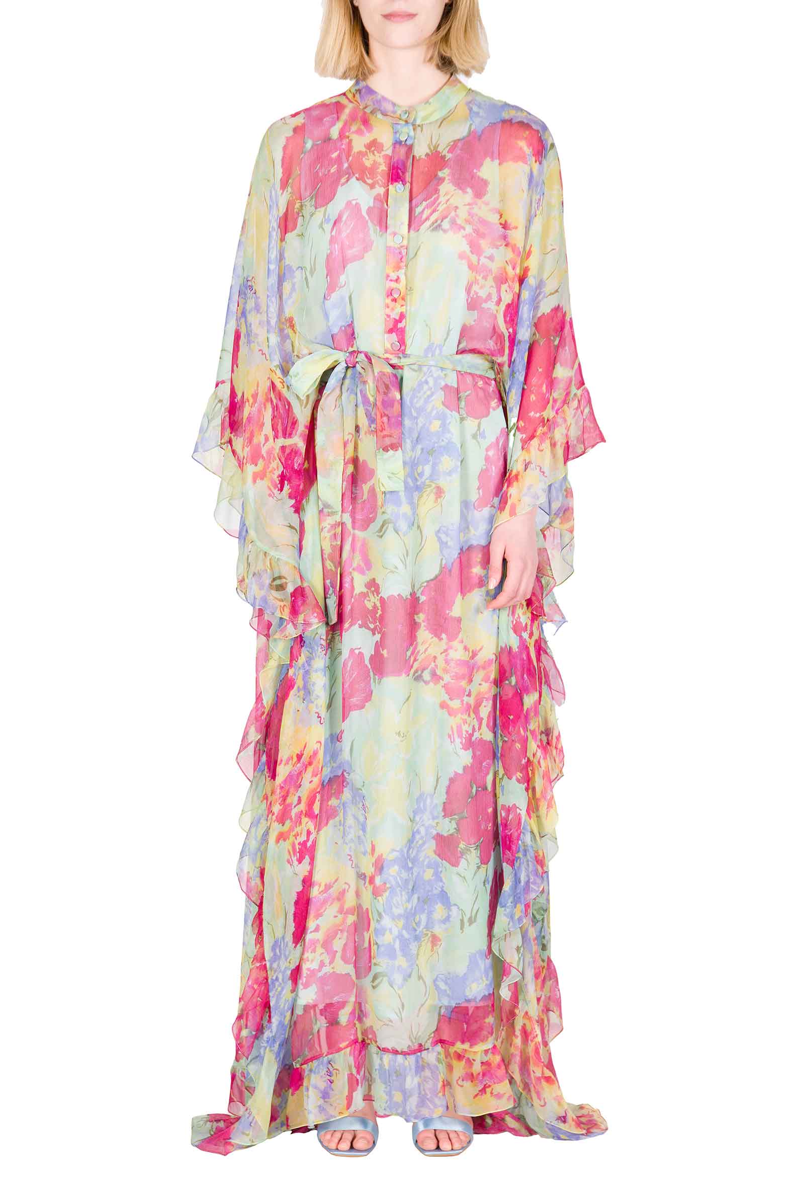 Kaftano in Chiffon con Rifiniture a Volant a Fiori Astratti