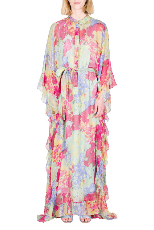 Chiffon Kaftan With Ruffled Finishings in Abstract Flowers
