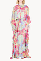 Chiffon Kaftan With Ruffled Finishings in Abstract Flowers
