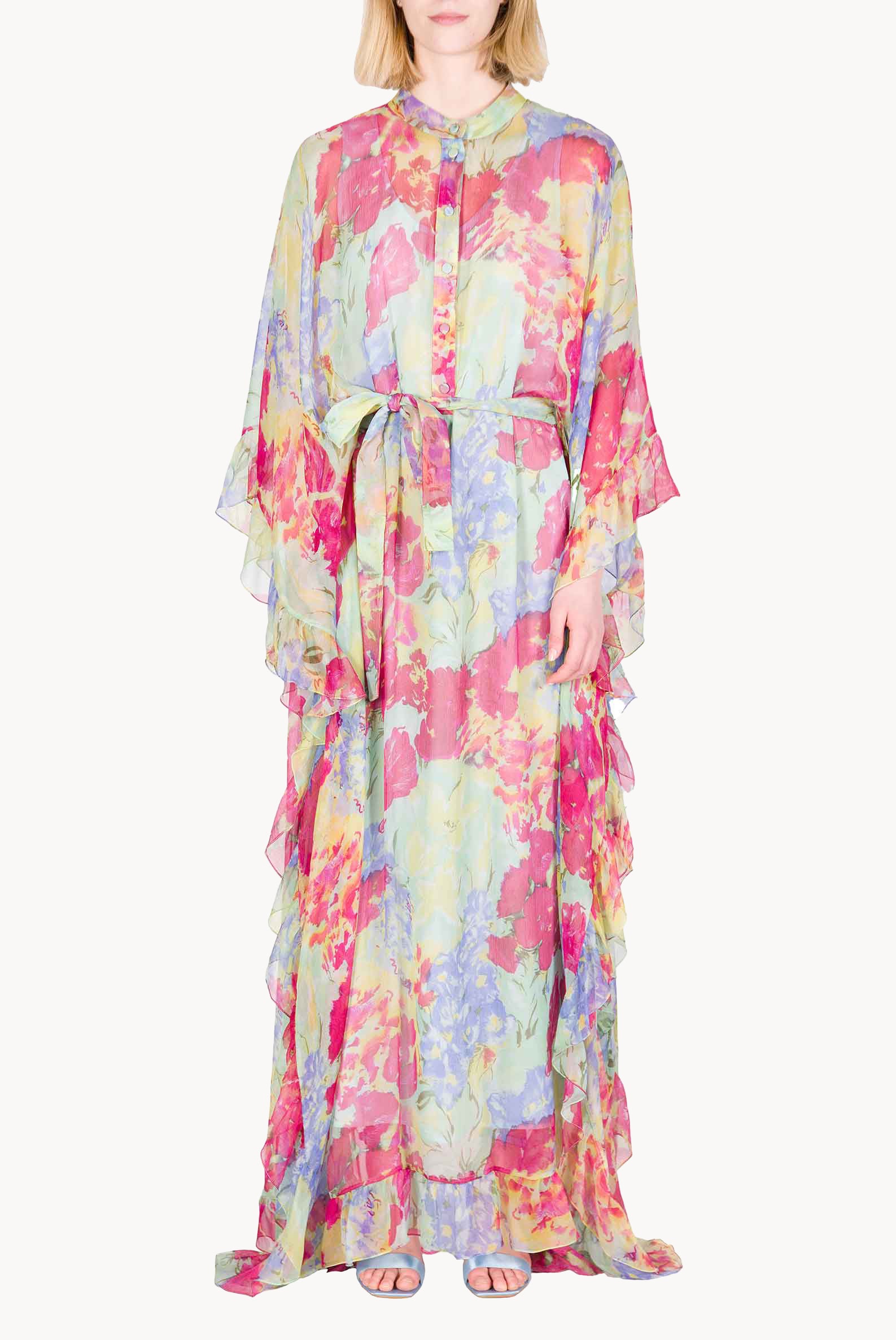 Kaftano in Chiffon con Rifiniture a Volant a Fiori Astratti
