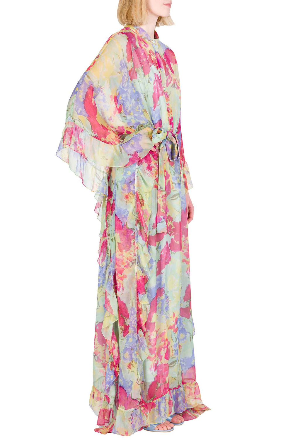 Chiffon Kaftan With Ruffled Finishings in Abstract Flowers
