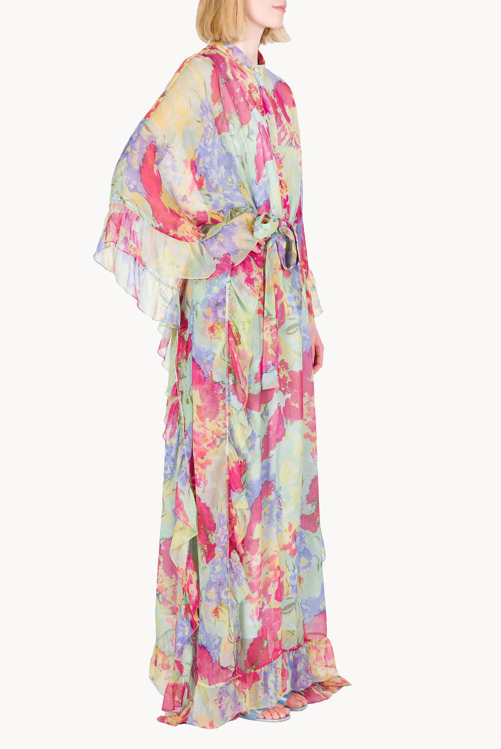 Chiffon Kaftan With Ruffled Finishings in Abstract Flowers