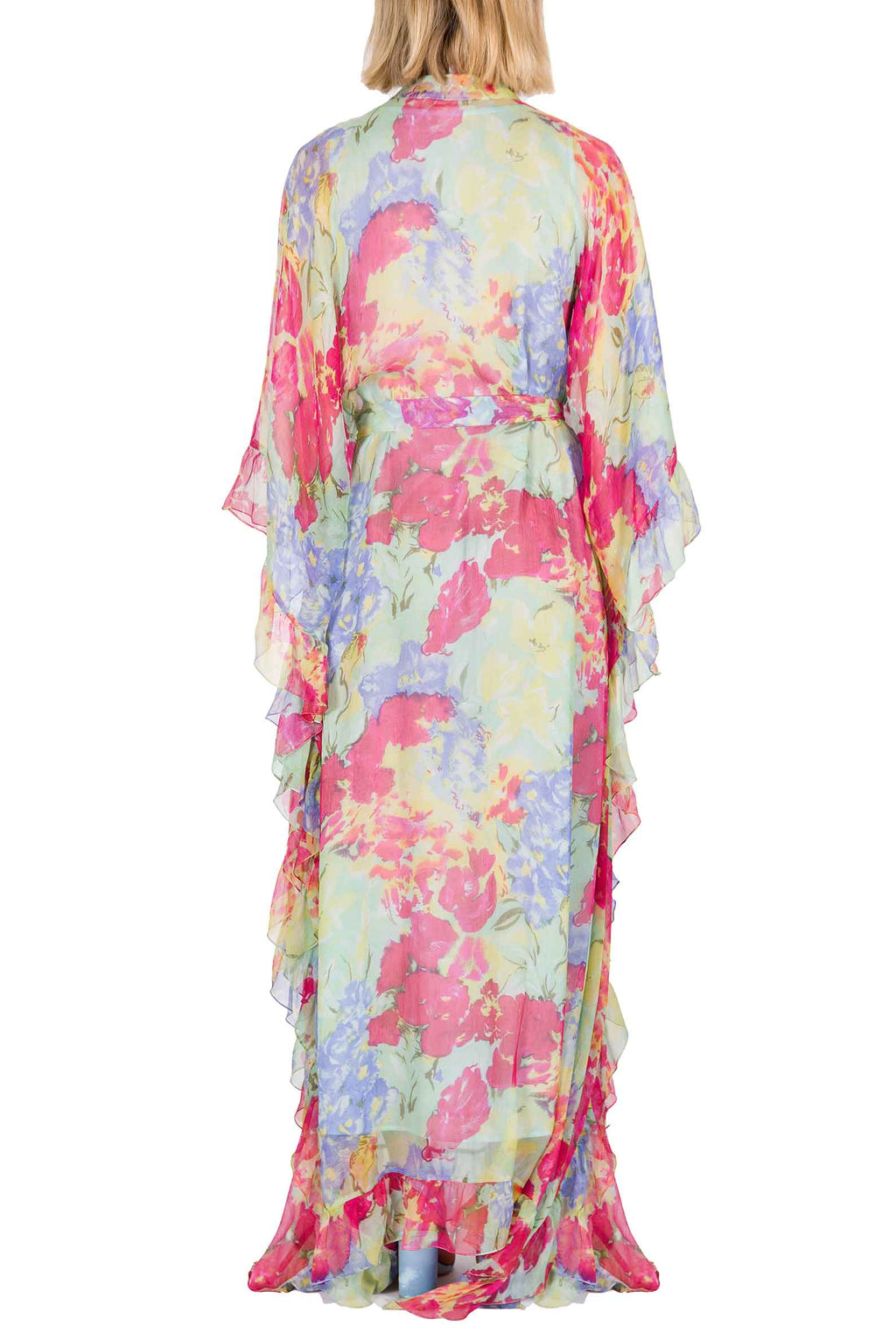 Chiffon Kaftan With Ruffled Finishings in Abstract Flowers