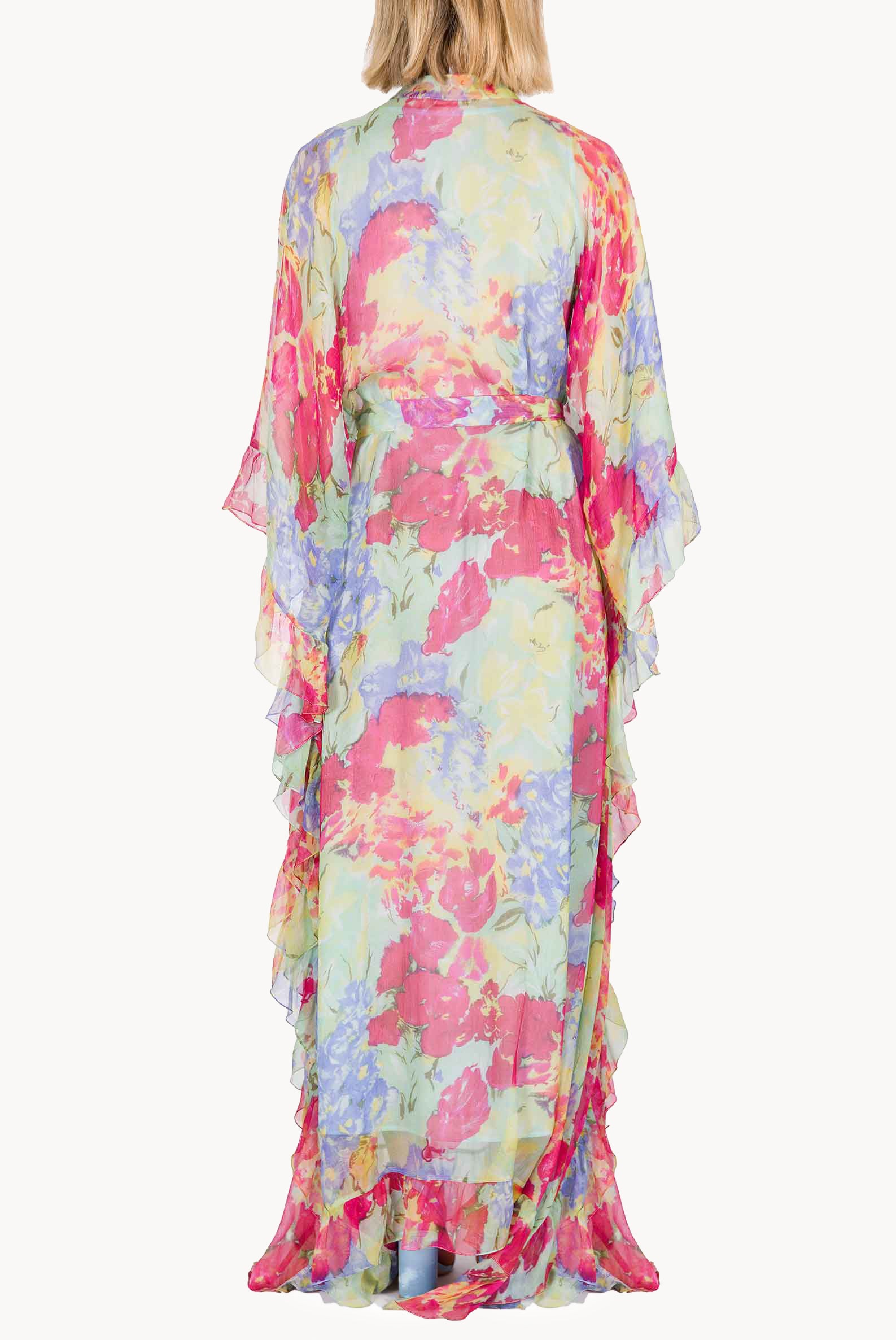 Chiffon Kaftan With Ruffled Finishings in Abstract Flowers