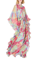 Chiffon Kaftan With Ruffled Finishings in Abstract Flowers