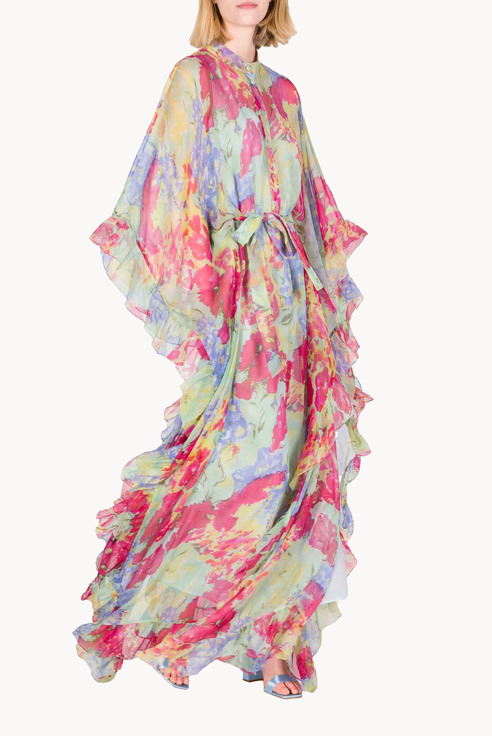 Chiffon Kaftan With Ruffled Finishings in Abstract Flowers