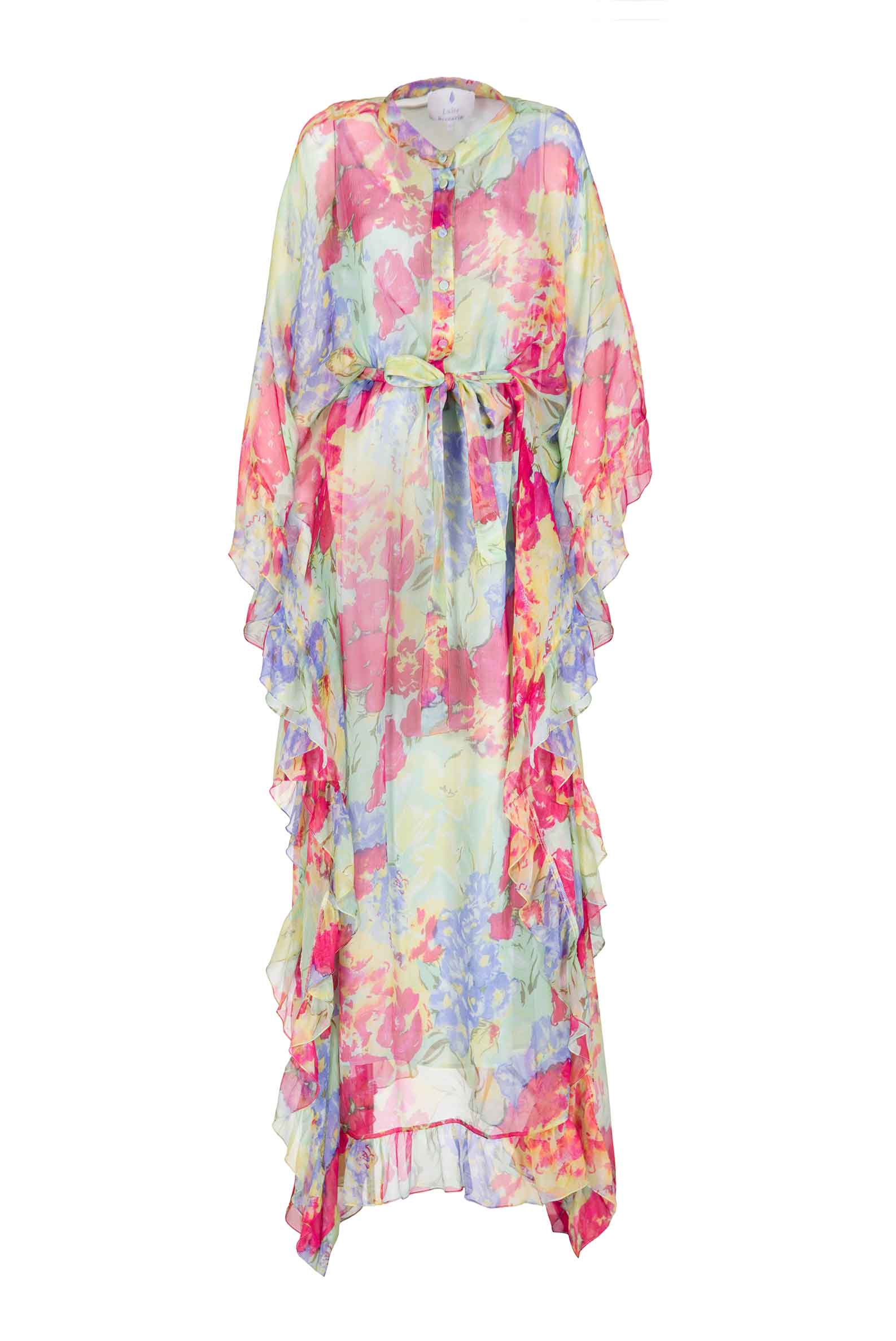 Kaftano in Chiffon con Rifiniture a Volant a Fiori Astratti