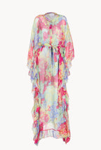 Chiffon Kaftan With Ruffled Finishings in Abstract Flowers