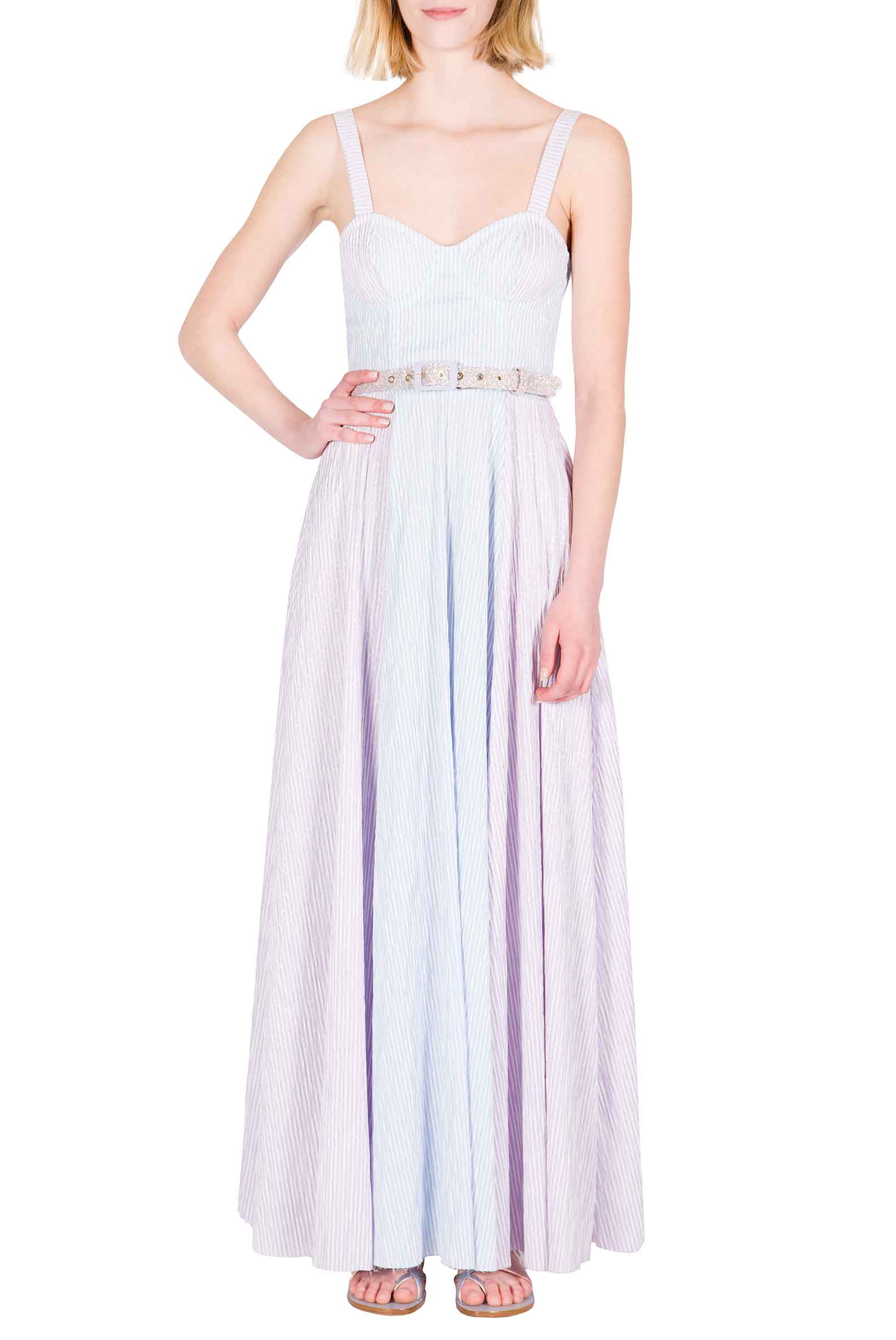 Abito Bustier in Cotone Elasticizzato Bicolore a Righe con Spalline