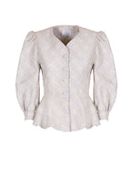 Giacca con Maniche a Sbuffo in Jacquard Floreale con Volant