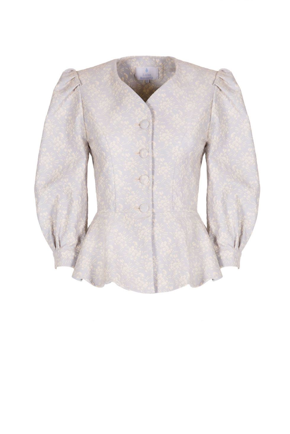 Giacca con Maniche a Sbuffo in Jacquard Floreale con Volant