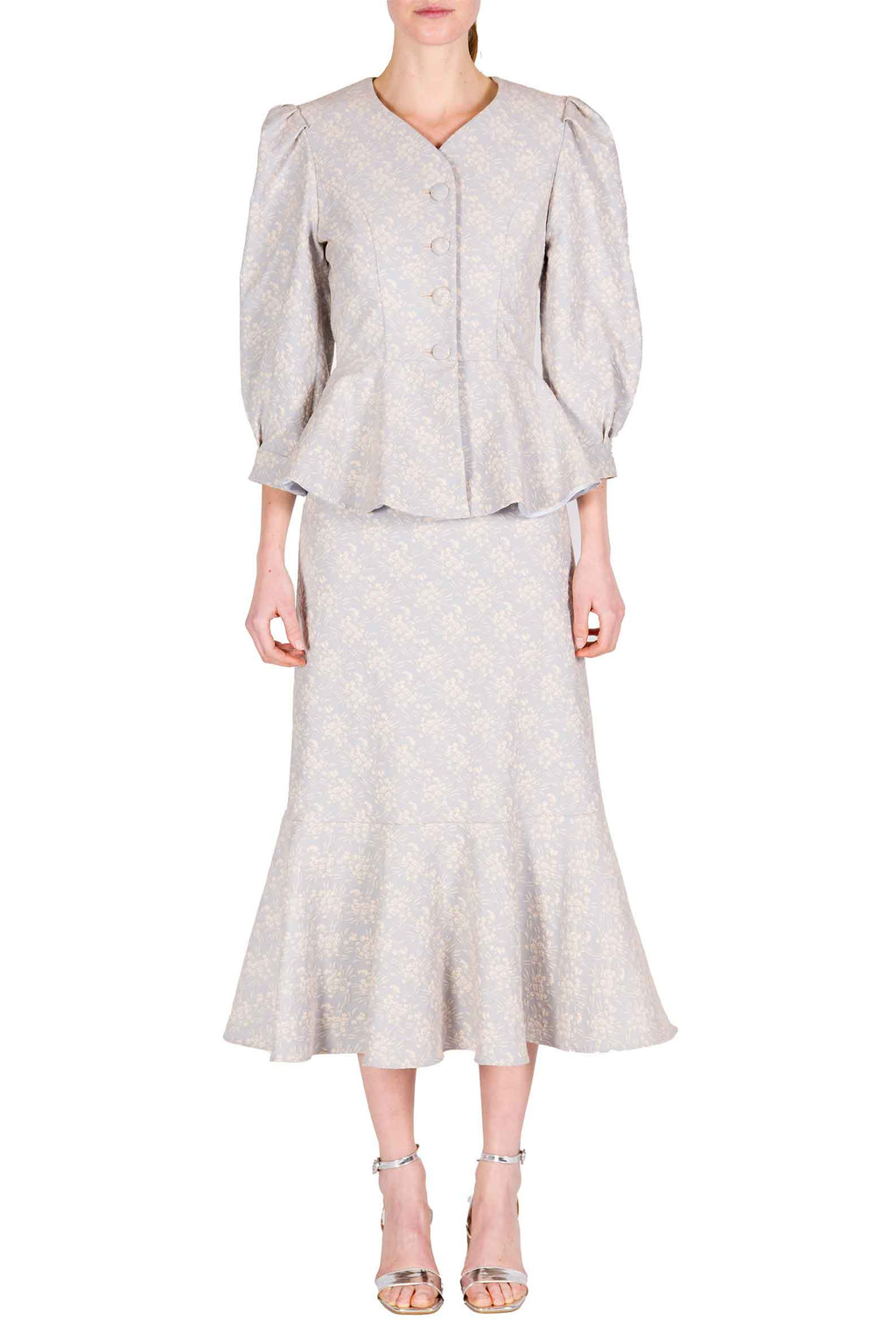 Giacca con Maniche a Sbuffo in Jacquard Floreale con Volant