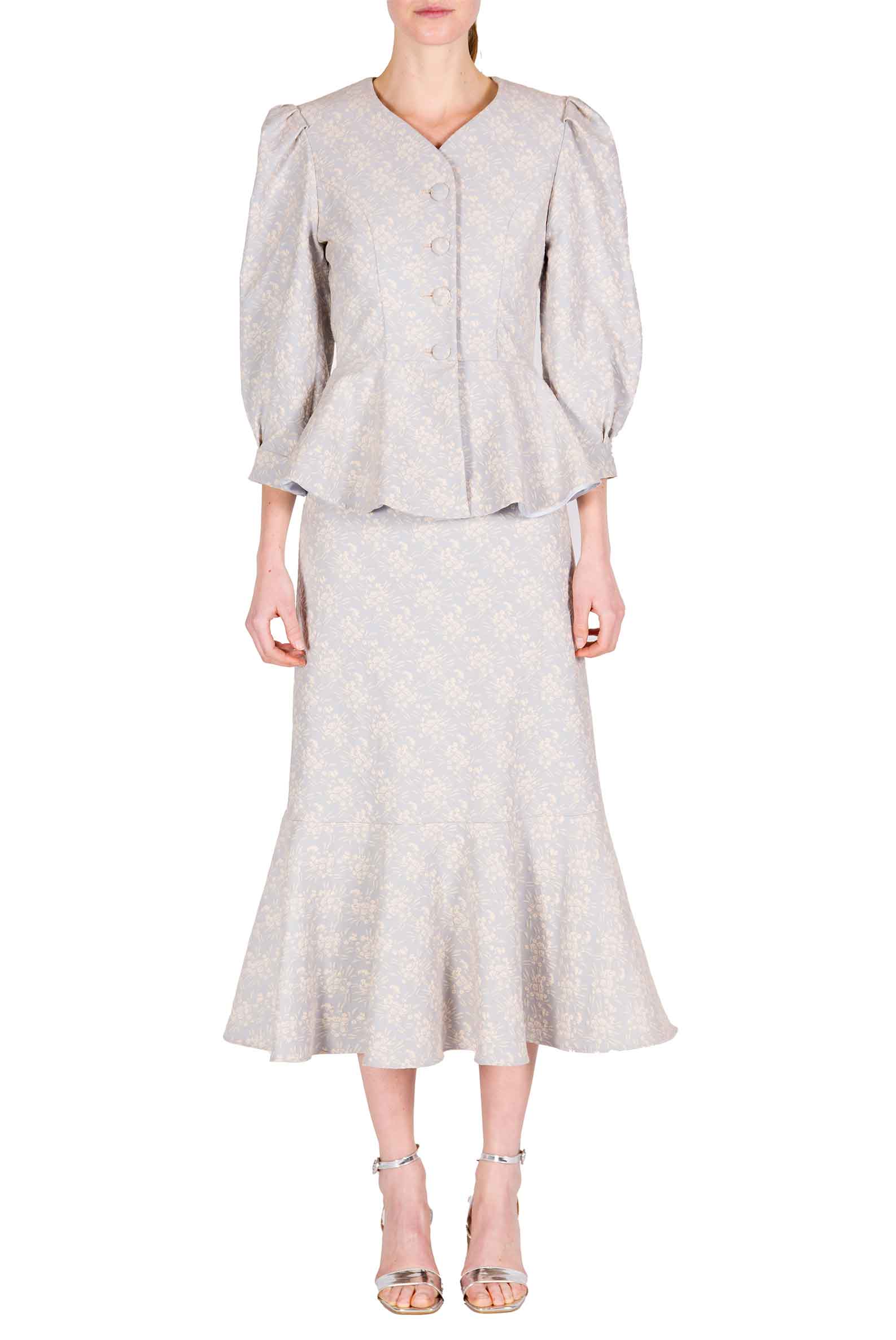 Giacca con Maniche a Sbuffo in Jacquard Floreale con Volant