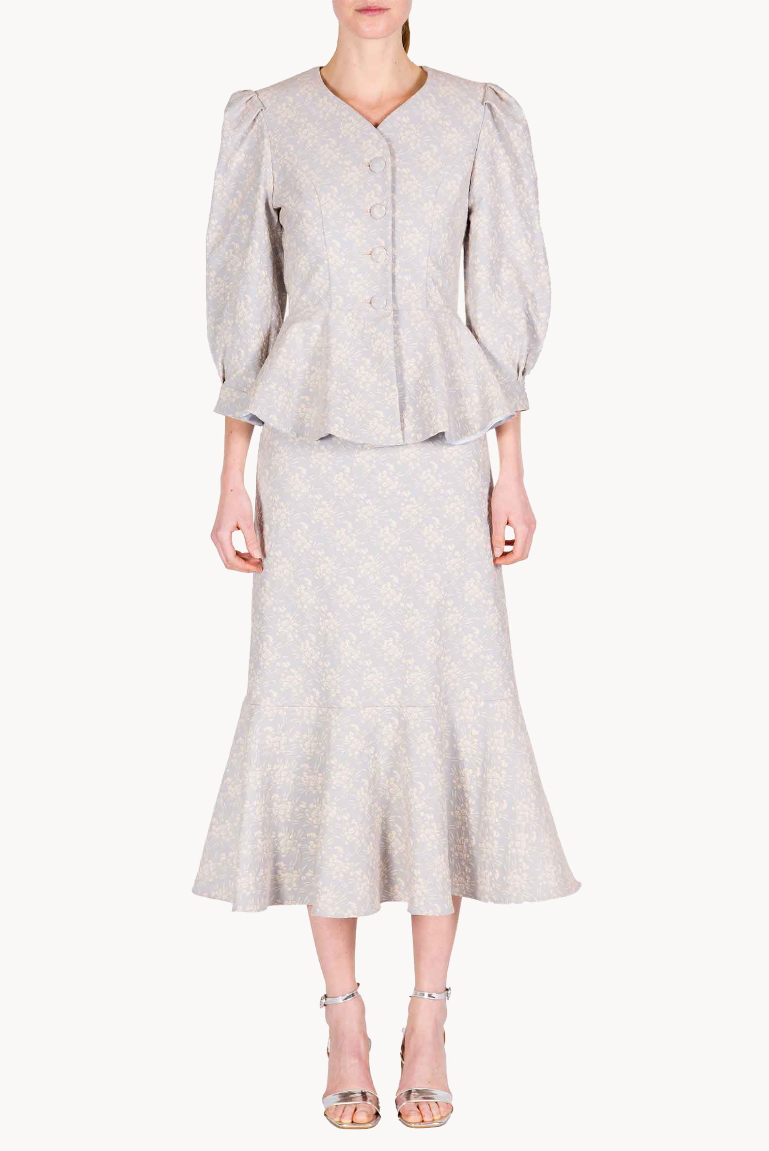 Puffy Sleeve Floral Jacquard Flounced Jacket