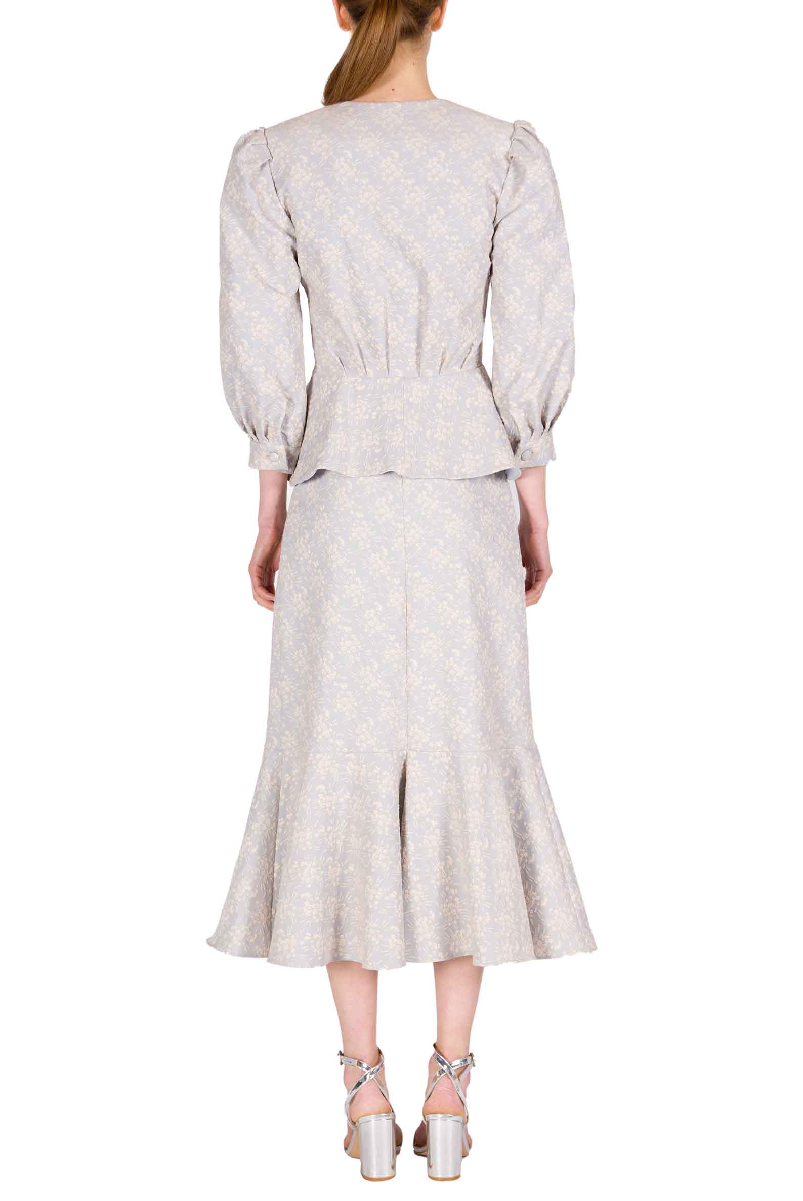 Giacca con Maniche a Sbuffo in Jacquard Floreale con Volant