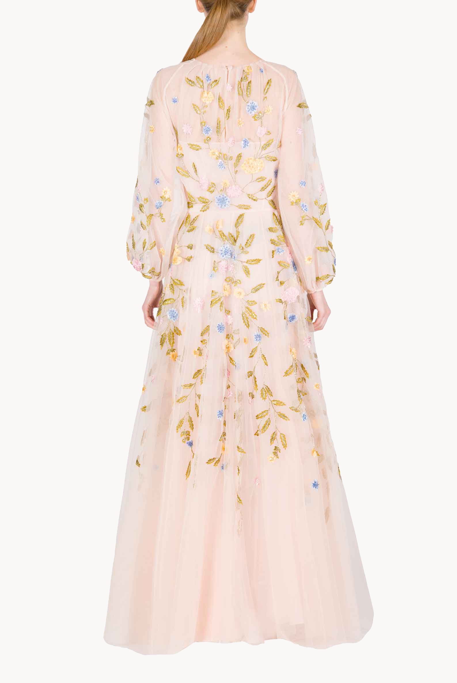 Abito Lungo in Tulle Ricamato a Maniche Lunghe