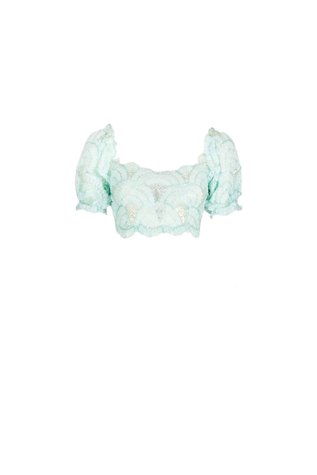 Abito con Maniche a Sbuffo in Tulle con Paillettes e Spalle Scoperte