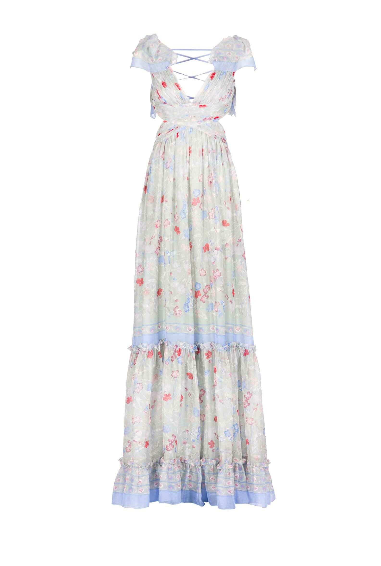 Abito in Chiffon Stampato con Schiena Scoperta in Fiori Gilly