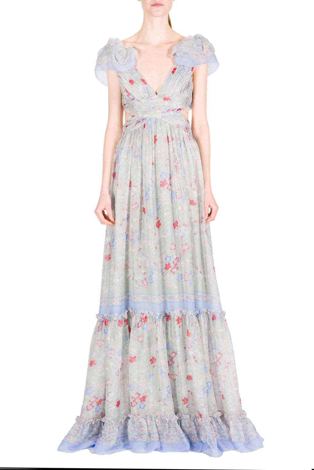 Abito in Chiffon Stampato con Schiena Scoperta in Fiori Gilly